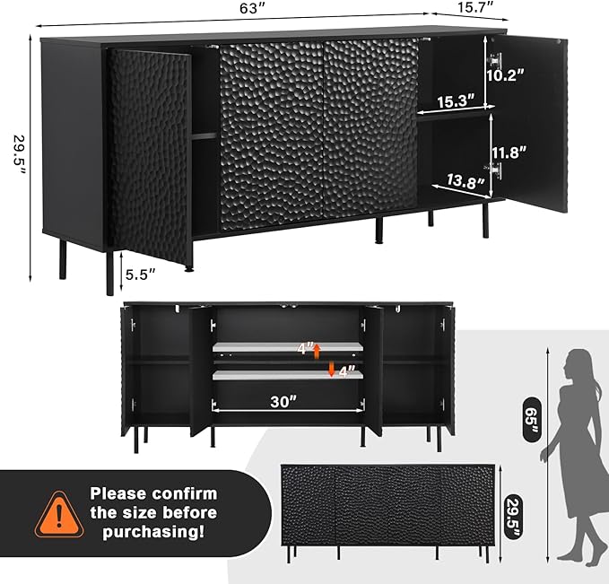 ANJ Black TV Stand for 75 inch TV, Mid-Century Modern TV Console Stand with Storage Cabinet, Entertainment Center with Adjustable Shelf Design,Textured Honeycomb Pattern