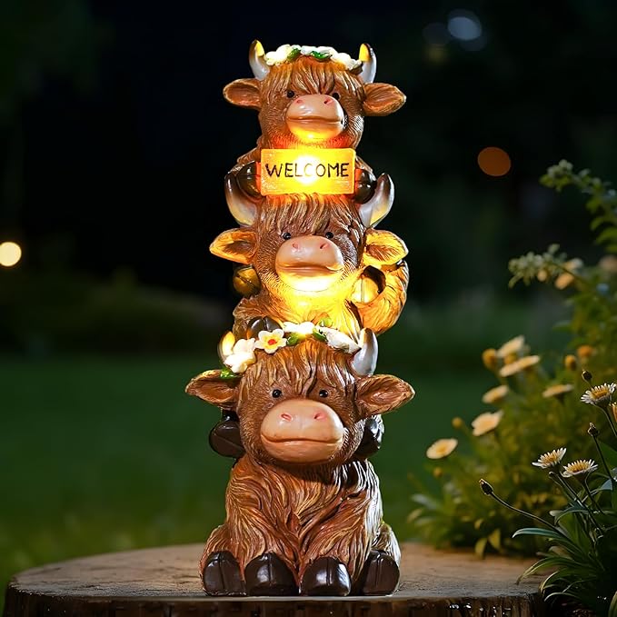 16 in Large Garden Highland Cow Statue Solar Garden Sculptures & Statues with Flower Decoration Birthday Gifts for Women Mom Funny Triple Big Highland Cow Decor for Yard Garden Patio Lawn Ornaments