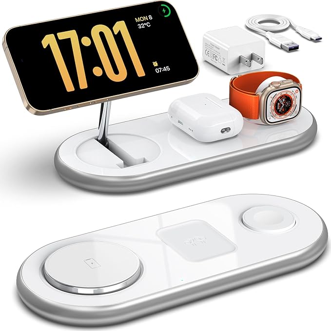 3 in 1 Charging Station for Apple - Faster Mag-Safe Charger Stand for iPhone - Magnetic Wireless Charger Station for iPhone 17/16/15/14/13/12 Series, Apple Watch Series, AirPods Pro (White)
