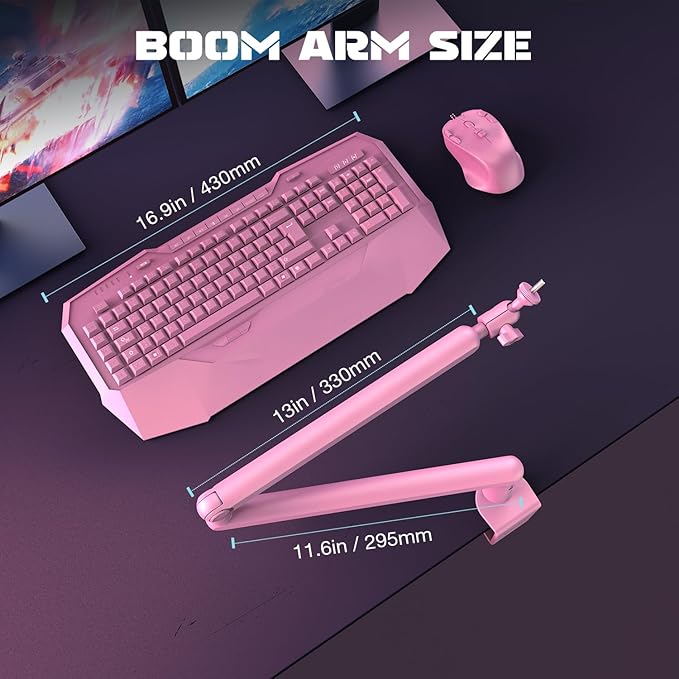 FIFINE Low Profile Boom Arm Mic Stand, Microphone Stand with Cable Management Channel, Desk Clamp, Screw Adapter for Streaming Podcast Recording, Adjustable Metal Mic Boom Arm Pink-BM88P