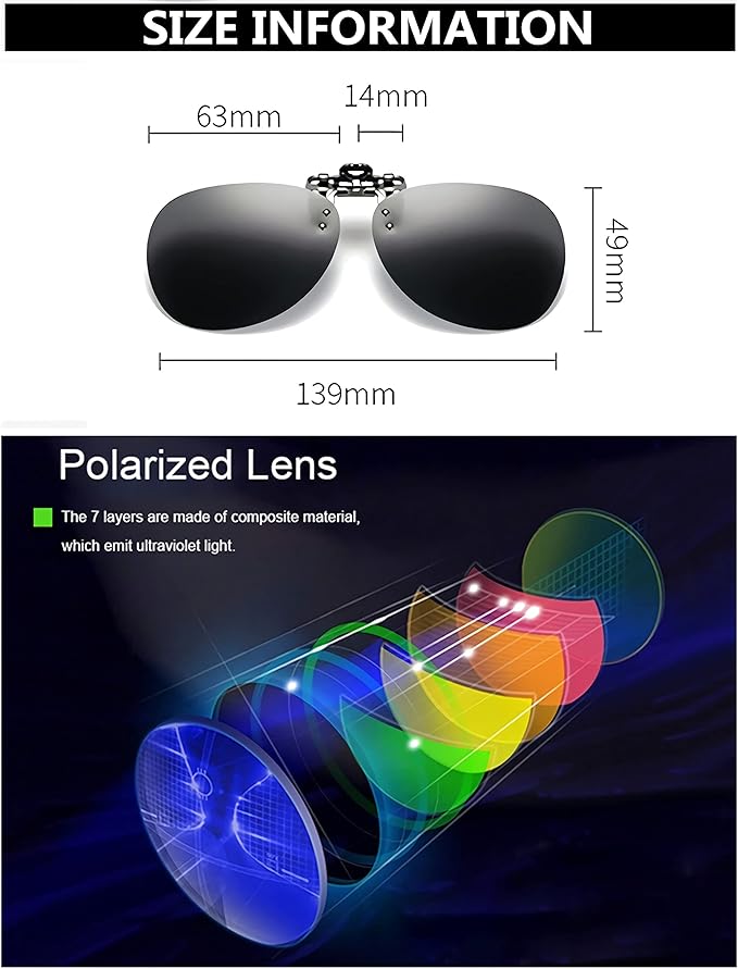 Clip on Flip up Polarized Lens For Prescription Glasses UV Protection Sunglasses (Clear lenses not Polarized)