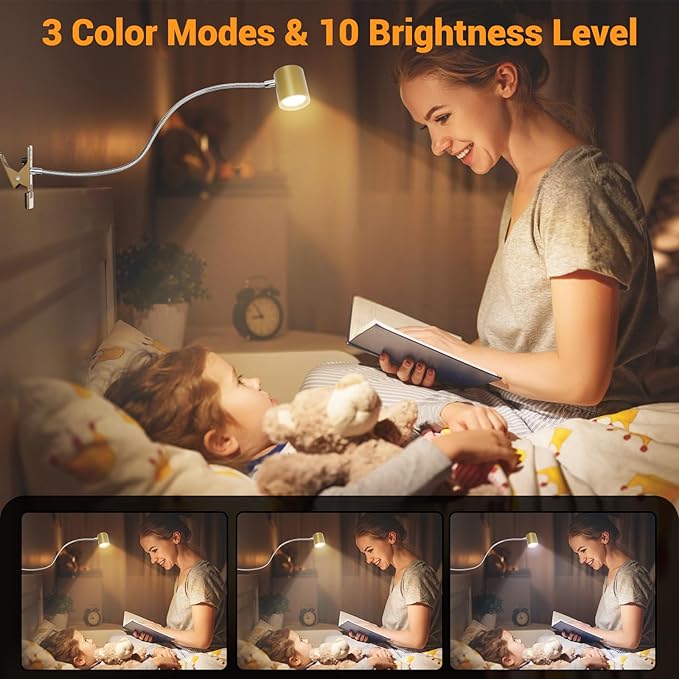 3 Modes & 10 Brightness Clip-on Reading Light - Desk Lamp with Memory Function & 360 Gooseneck Clamp for Bed Headboard