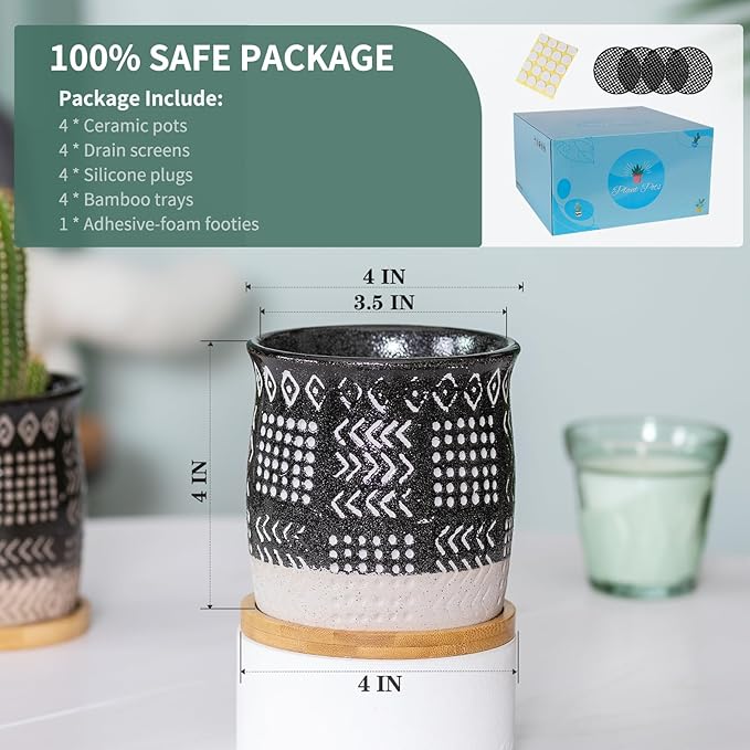 TAMAYKIM 4 Inch Ceramic Boho Plant Pots with Drainage Hole and Saucers, Black Retro Totem Design Small Flower Planters for Indoor Plants, Succulent, Aloe, Cactus and Herbs, Set of 4