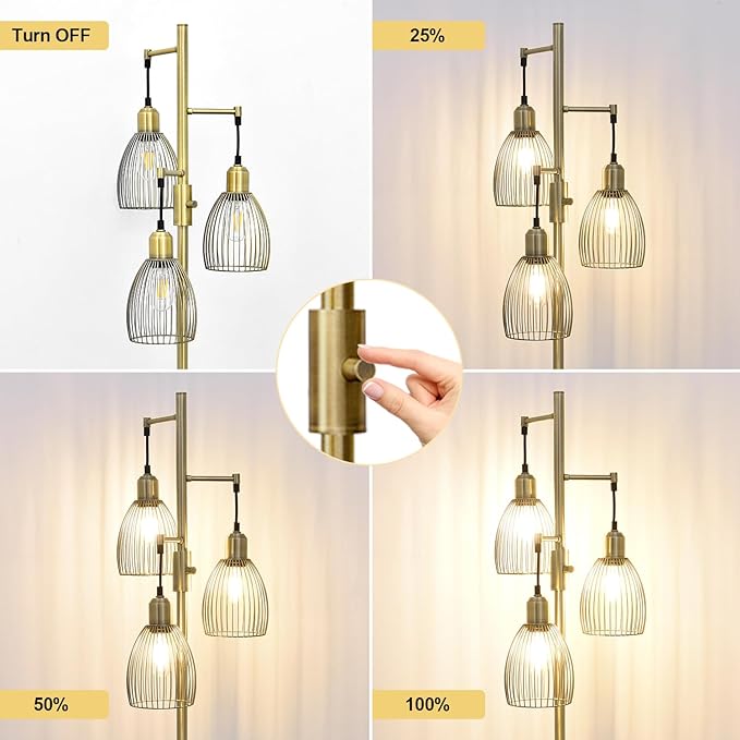 Dimmable Floor Lamp, Industrial Floor Lamps for Living Room, Antique Brass Tree Lamp Standing Lamp Tall Lamps with 3 Elegant Teardrop Cage Head & 800 Lumens LED Bulbs for Living Room Bedroom Office