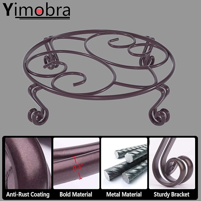 Yimobra Original Patented Plant Stand for Flower Pot Heavy Duty Potted Holder Indoor Outdoor, Metal Rustproof Iron Garden Container Round Supports Rack for Planter, Brown, 11.8 Inches