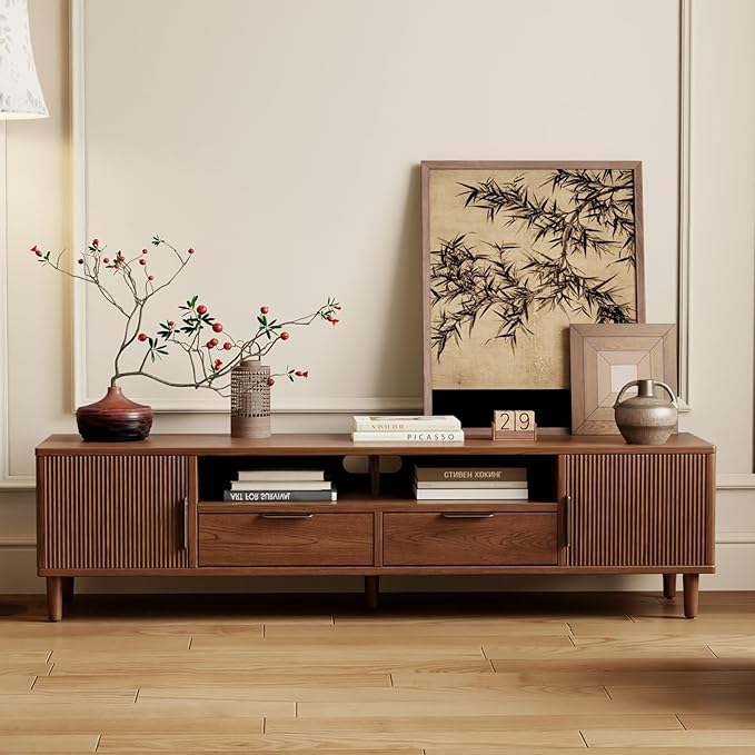 Mid-Century Modern TV Stand Fits TVs up to 60,Fluted TV Consoles Storage Doors and Cable Management,Entertainment Center tv Stands, for Living Room, Bedroom, Dining Room-Walunt