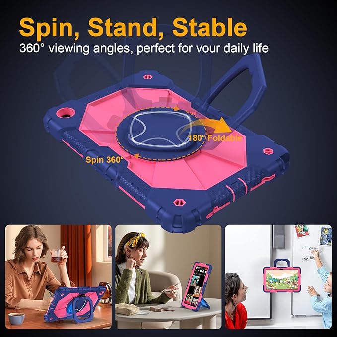 Case for Samsung Galaxy Tab A9 Plus 11 Inch 2023(SM-X210/X216/X218), Auorld Rugged Case for Samsung Galaxy A9+ Tablet with Screen Protector 360 Rotating Stand Shoulder Strap Pen Holder, Navy Pink