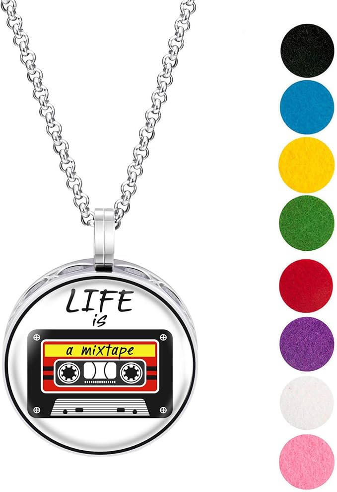 Wild Essentials Mixtape Enamel Finish Essential Oil Diffuser Necklace Gift Set - includes Aromatherapy Pendant, 24" Stainless Steel Chain, 8 Color Refill Pads