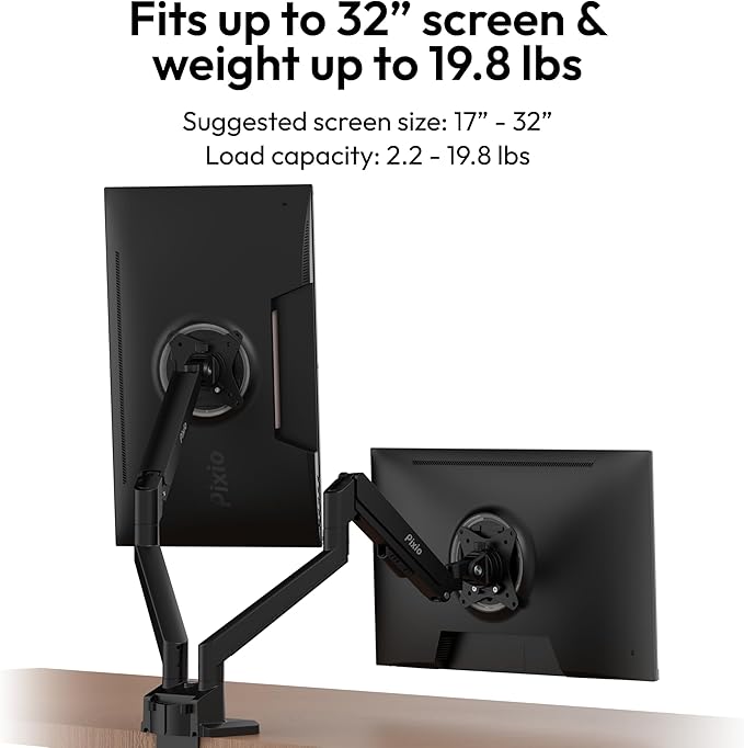 Pixio PS1D Wave Black Dual Monitor Arm Stand Desk Mount - Fits up to 32 inches Monitors and up to 19.8lbs. VESA Compatibility and Integrated Cable Management
