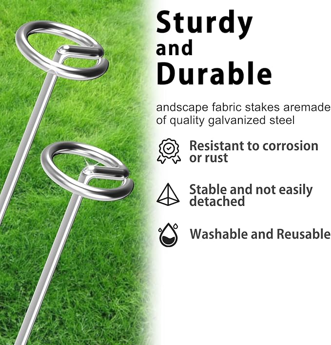 40 Pack Heavy Duty 8 Gauge Galvanized Landscape Fabric Pins, 6 Inch G-Shaped Round Top Weed Barrier Stakes for Garden, Erosion Control, Tent, Ground Cover (Silver)