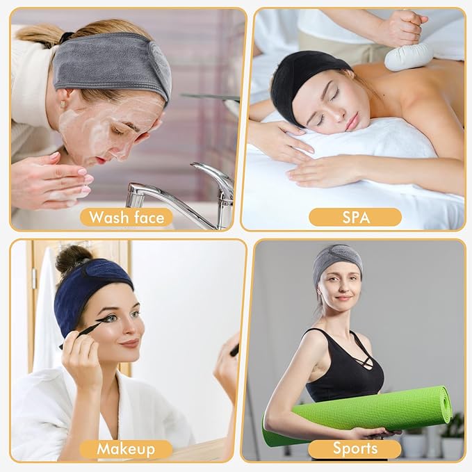 SINLAND Spa Headband for Women Ultra Soft Adjustable Makeup Hair Band with Magic Tape, Stretch Head Wrap for Bath, Shower, Facial Mask, Yoga