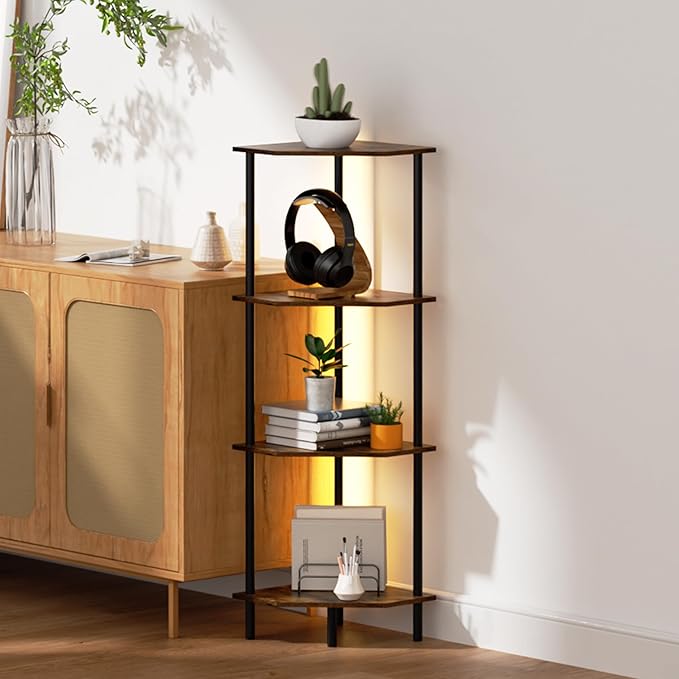 Corner Shelf Stand, Storage Standing Shelf Unit with Metal Frame, Narrow Bookshelf with LED Light Brown Plant Display Stand, Multi Unit Organizer Corner Cabinet for Bedroom, Living Room (4 Tier)