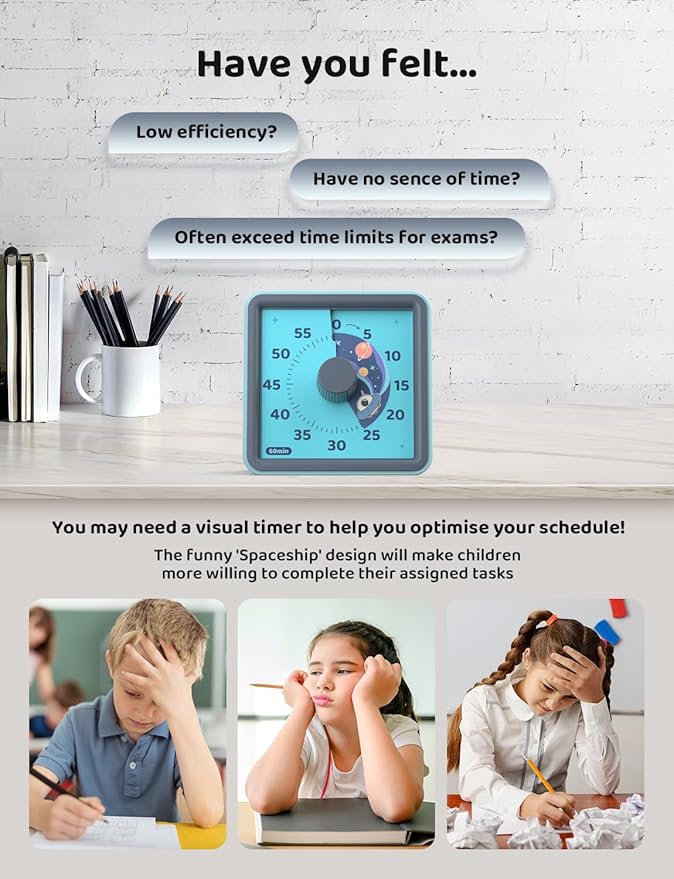 LIORQUE 60 Minute Visual Timer for Kids, Visual Countdown Timer for Classroom Office Kitchen with 'Space Ship' Pattern Design, Pomodoro Timer with Silent Operation (Batteries Included)