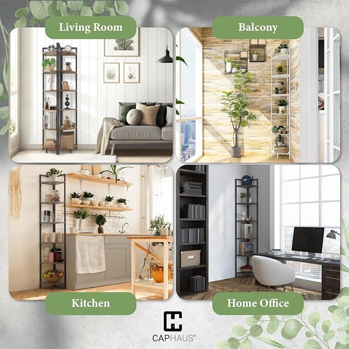 CAPHAUS 6-Tier Corner Shelf, 71.1-Inch Tall Corner Bookshelf with Metal Frame, Round Corner Shelf Unit for Bathroom, Living Room, Home, Office, Dark Grey