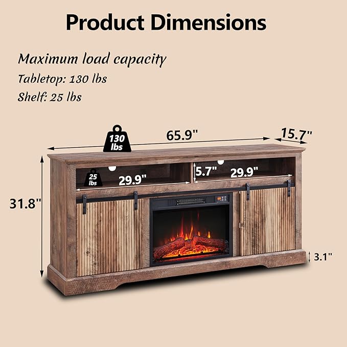 Fluted Fireplace TV Stand for TVs Up to 75 Inch, Modern Entertainment Center with Waveform Panel Sliding Door & Adjustable Shelves, Media Console for Living Room (Light Brown)
