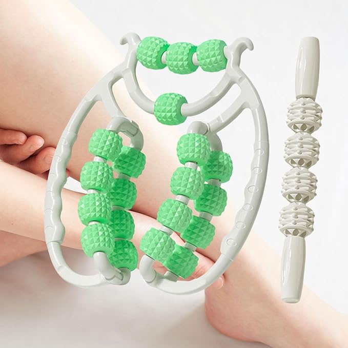 Colaxi 20 Wheels Massage Roller with Massage Stick Portable Multipurpose Flexible Handheld Roller for Back Shoulders Legs Thigh Arms, Green