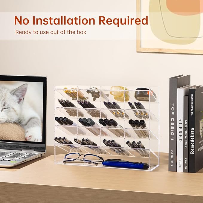 BEYGORM Acrylic Vertical Marker Organizer for 200 Markers with 17 Compartments, Clear Angled Pen & Pencil Holder, Large Desk Stationery & Art Supply Storage for Office & School (13 x 10.2 x 4 Inch)