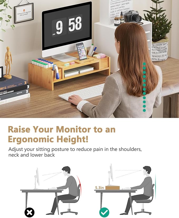 Ufine Bamboo Monitor Stand with Storage Compartments Ergonomic Computer Laptop Riser Small Space Organizer for Home Office