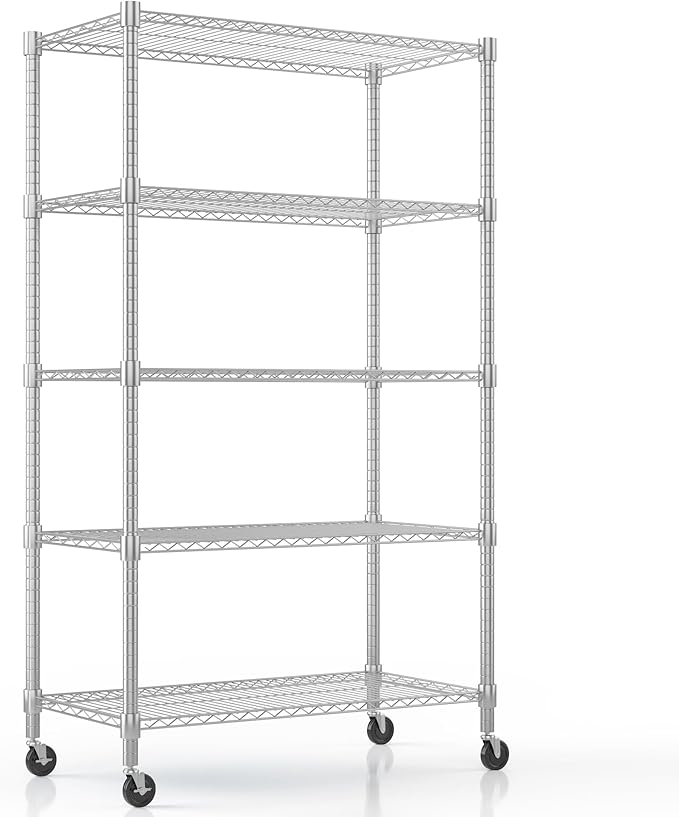 Himimi 5-Tier Heavy Duty Steel Wire Rack Storage Shelving, Adjustable Metal Storage Shelves with Wheels, 82''H Wire Shelf for Kitchen Garage Basement Pantry Organization, 18" D×36" W×82" H-Silver