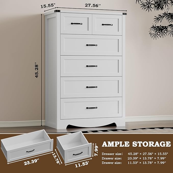Tall 6-Drawer Dresser for Bedroom, Modern Wooden Chest of Drawers with Metal Handles, Anti-Tipping Design, Sturdy and Stable Storage Organizer for Living Room, Entryway, Home Office, Standard
