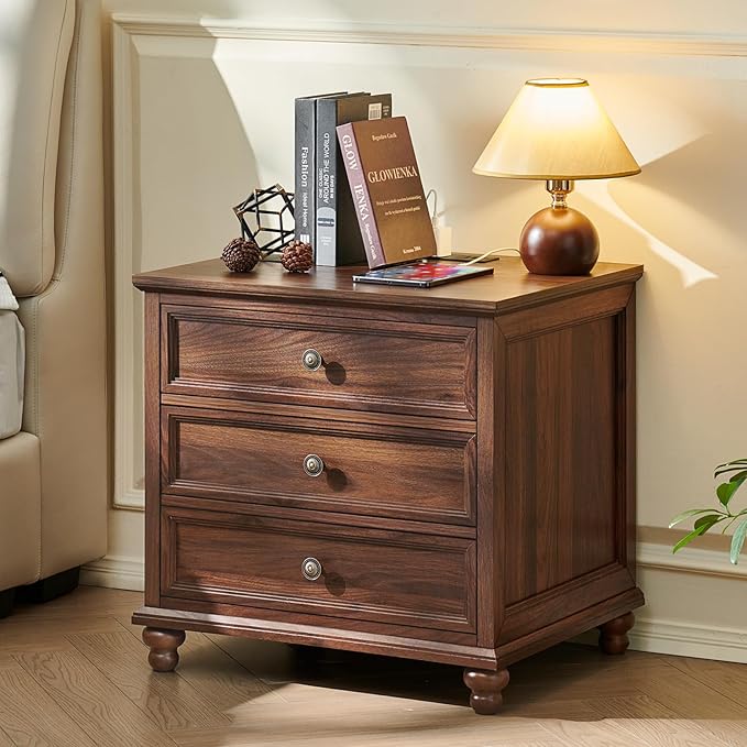 Farmhouse Nightstand with Charging Station, 24" Wide End Table with 3 Drawers,Wood Dresser Cabinet for Bedroom, Bed Side Table Chest of Drawers,Night Stand for Living Room, Closet,Brown