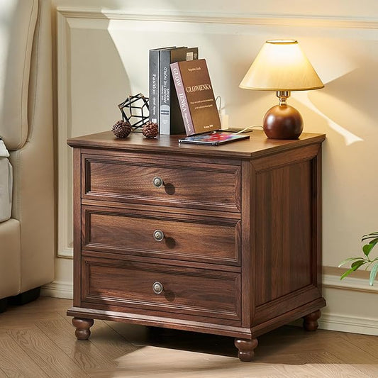 Farmhouse Nightstand with Charging Station, 24" Wide End Table with 3 Drawers,Wood Dresser Cabinet for Bedroom, Bed Side Table Chest of Drawers,Night Stand for Living Room, Closet,Brown