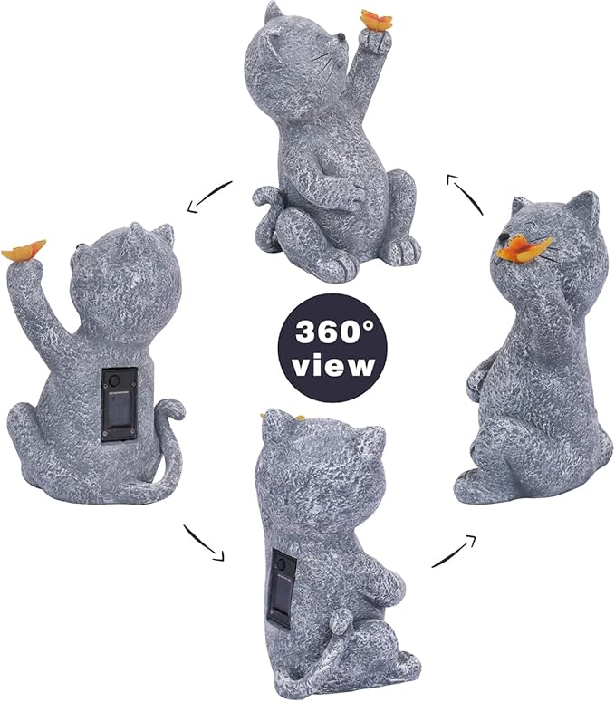 Solar Garden Statue Cat Garden Figurines Cat Garden Statue Outdoor Decor, Solar Powered Resin Sculpture with Butterfly Light Art Decoration for Patio Lawn Yard Porch, Housewarming Garden Gift