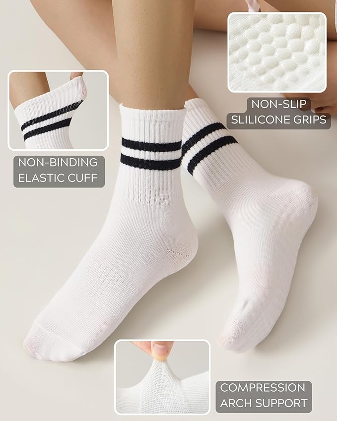 Pilates Socks with Grips for Women Grippy Non Slip Crew Socks for Yoga Barre Hospital Striped 3 Pairs
