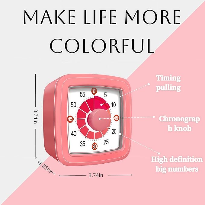 Visual Timer for Kids, 60-Minute Countdown Timer for Classroom Office Kitchen, Pomodoro Timer with Silent Operation，Time Management Tools with Colorful Pattern(Pink)