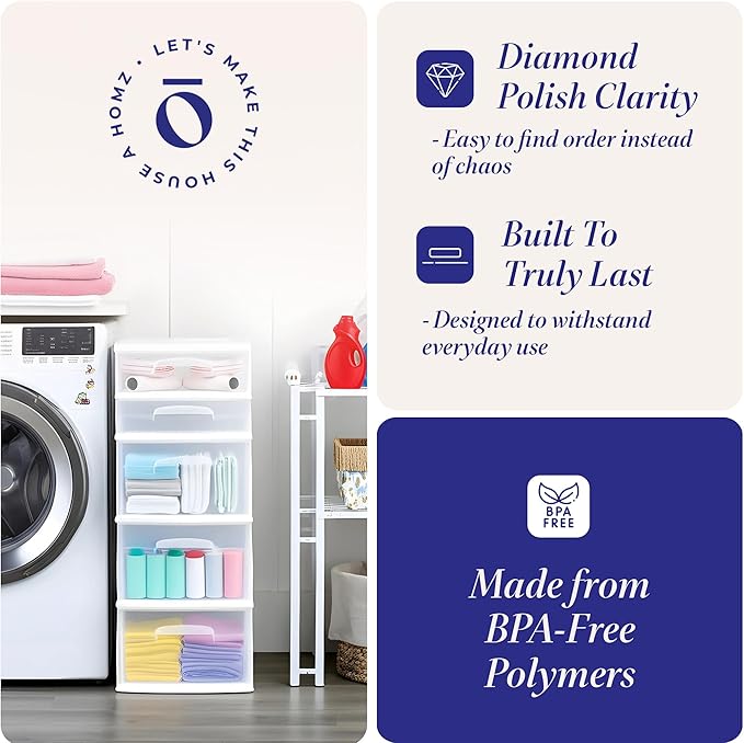 HOMZ 2-Pack Drawer Tower, 5-Tier Clear Plastic Storage Organizer Unit, White Frame - Multi-Purpose Container Drawers for Bedroom, Bathroom, and Office Organization