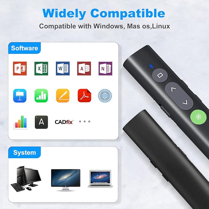 Rechargeable Presentation Clicker for PowerPoint Green Light Pointer, USB-A/USB-C Wireless Presenter Remote, Google Slide Advancer Smart Board Slideshow PPT Clicker for Mac/Laptop/Computer/Office