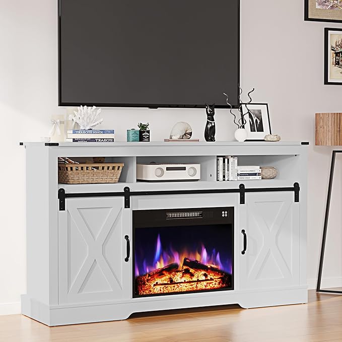 RoyalCraft Farmhouse Fireplace TV Stand, Entertainment Center for 65+ Inch TV with 23" Electric Fireplace, Modern Rustic TV Console with Sliding Bar Door for Living Room, White