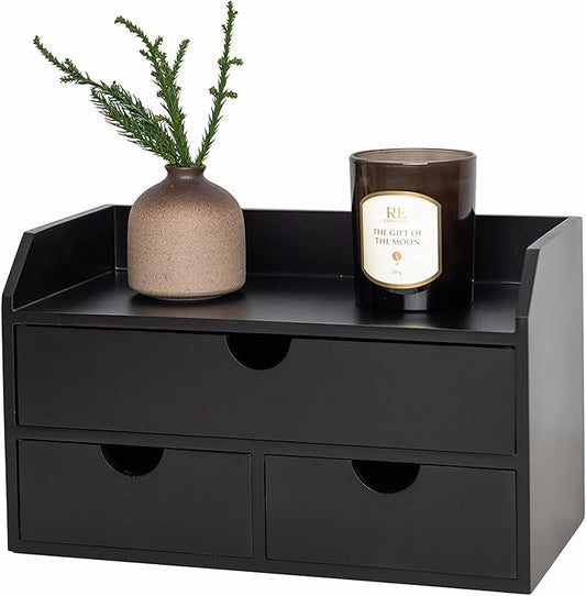 ROSE BLOOM Black Wood Desk Organizer with 3 Drawer, Mini Cute Cabinet with Storage Shelf for Tabletop, Small Desktop Box Organizer for Cosmetic Office Supplies