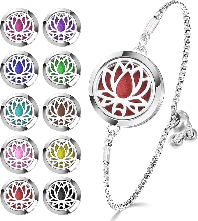 Essential Oil Diffuser Bracelet Aromatherapy Locket Adjustable Bracelet Stainless Steel Lotus Bracelet with 10 Pcs Refill Pads for Women Girls