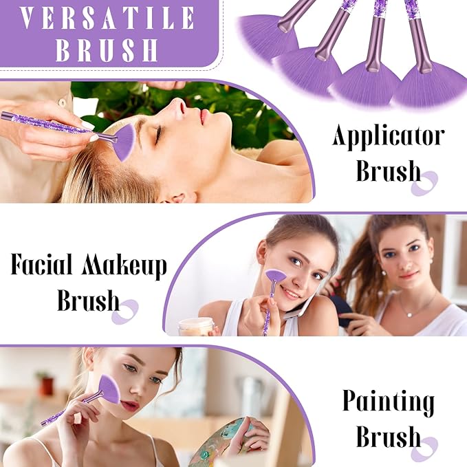 12 Pcs Fan Brushes for Facial Mask Brushes with Glitter Quicksand Handle Cosmetic Facial Fan Brush Soft Facial Mask Brush Applicator Facial Peel Applicator Face Mask Tools with Pouch (Purple)