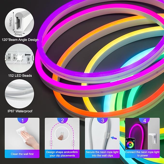 16.4FT 5M Addressable Neon Rope Light, WS2811 RGB LED Chasing Digital Strip Lights MagicRGB Waterproof Silicone Rope Music Sync DIY Design APP Control Dream Color for Gaming Room Wall Decor