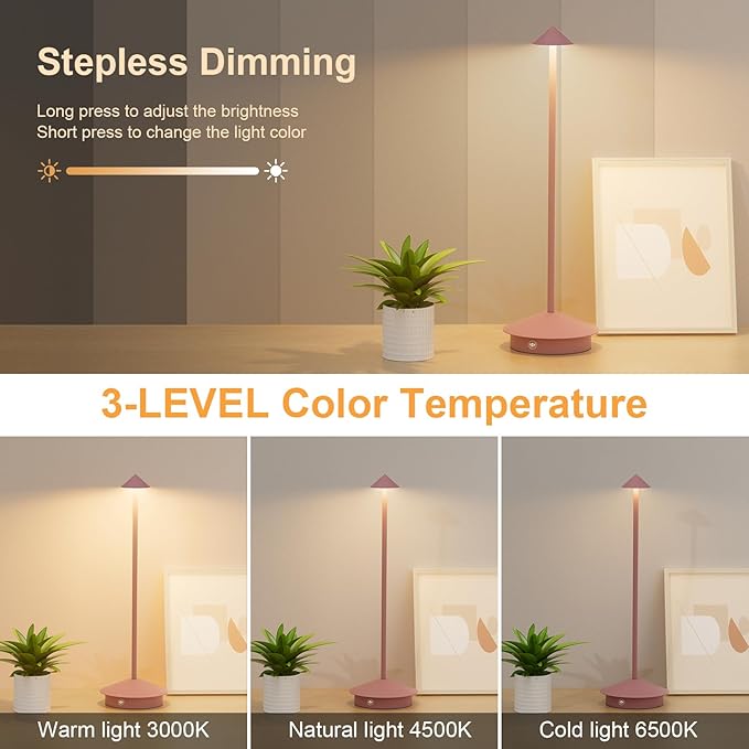 2-Pack 6000mAh Rechargeable Led Table Lamp Cordless,3000K-6000K Stepless Dimming Touch Lamps with Memory Function,IP54 Waterproof Aluminum Table Light for Outdoor/Bars/Restaurant/Patio(Pink)