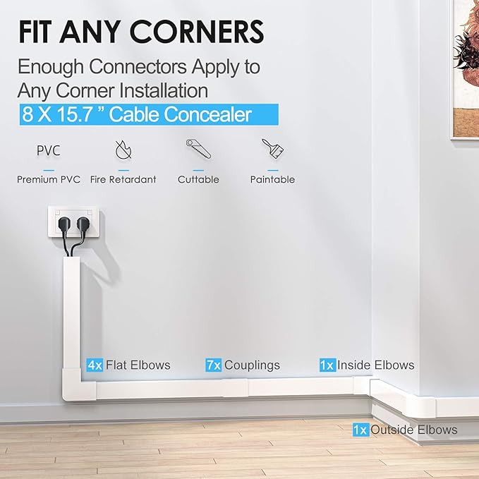 Yecaye Large Cord Hider for 3-4 Wires, Paintable Cord Cover Wall Cable Management System, PVC Wire Hide, Cable Raceway Kit for Wall Mount TV, W1.18in H0.67in, White