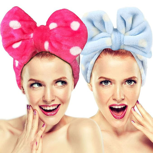 Hairizone 2 Pack Makeup Headbands for Washing Face Shower Spa, Soft and Cute Big Bow Hair Bands for Women and Girls (Light Blue/Roseo)