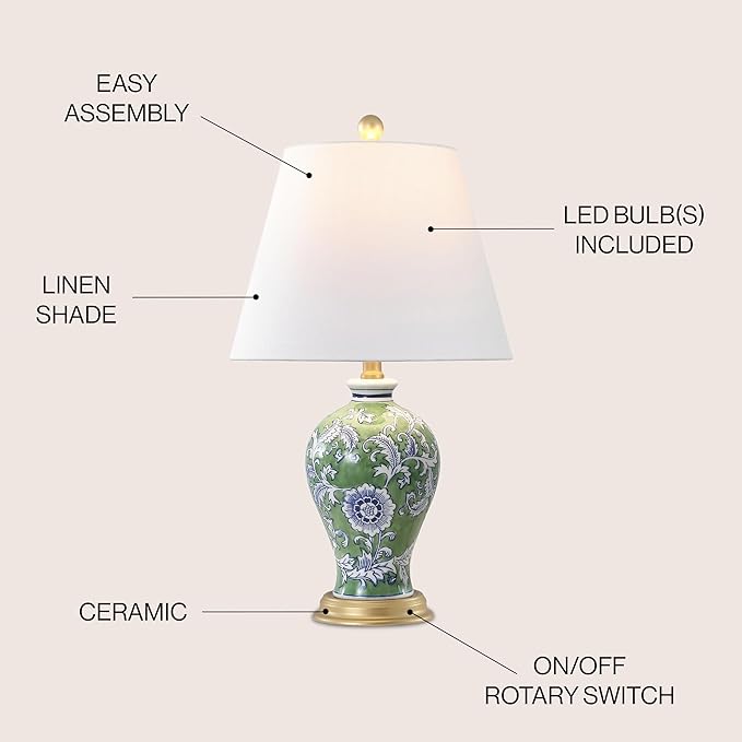JONATHAN Y JYL3009F Grace 24" French Country Cottage Ceramic/Iron Floral Urn LED Table Lamp, Green/White for Bedroom, Living Room, Office, College