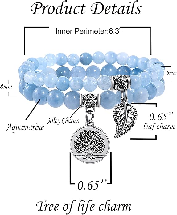 Bivei Natural Semi Precious Gemstone beads bracelet for women - Life Tree and Leaf Charm Energy Reiki Crystal Stretch Bracelets
