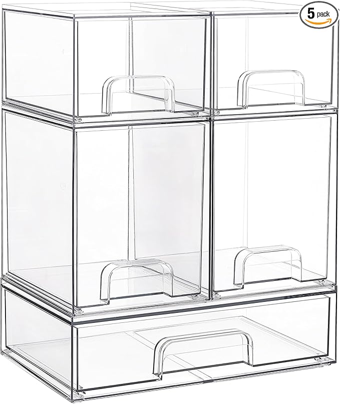 Vtopmart Stackable Storage Drawers Set of 5, Clear Plastic Organizer Bins for Beauty Supplies,Ideal for Vanity, Bathroom,Cabinet,Pantry Organization