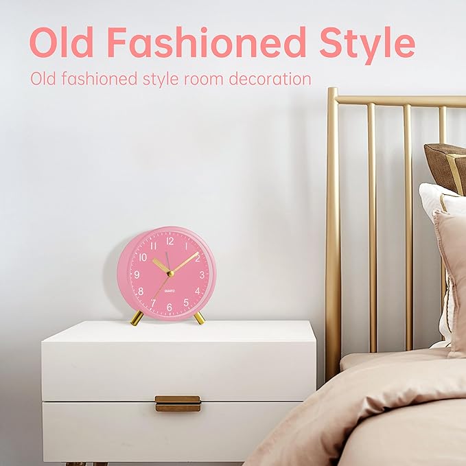 Analog Alarm Clock, 4 inch Super Silent Non Ticking Small Clock with Night Light, Battery Operated, Simple Design, easy setting for Office, Bedroom, Bedside, Desk, teens, elders, kids, adult, Pink