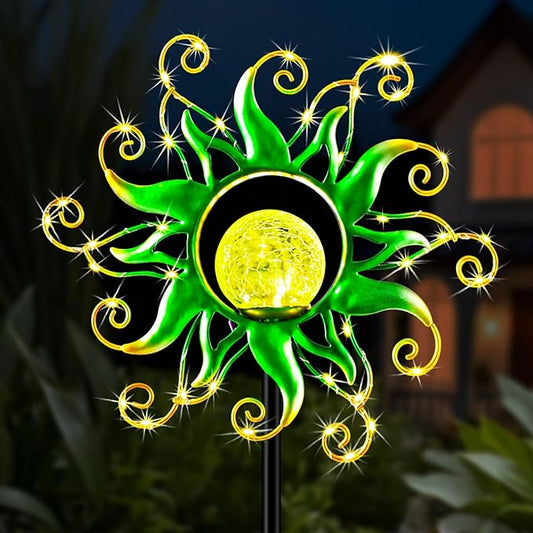 Solar Garden Lights Outdoor, Green Metal Sun Stake with 30 LED Waterproof Vine String Crackle Glass Spring Decor for Patio,Yardr,Lawn Gardening Birthday Gifts