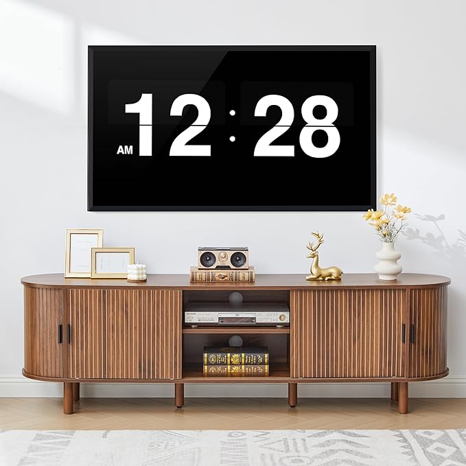 70-Inch Mid Century Modern TV Stand, Curved Entertainment Center with Fluted Sliding Doors, Storage Cabinet for TVs up to 75 Inch, Media Console for Living Room, Bedroom,Walnut