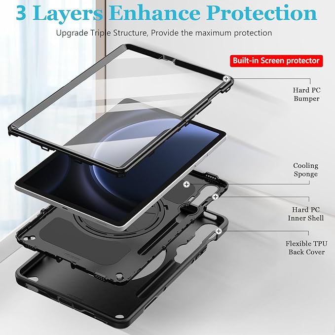 Case for Galaxy Tab S10 Lite &S10 FE S9 FE 10.9"/S9 11 Inch: TPU Cover for Samstng Tablet S10 FE/ 2025/ S9 FE & S9 2023 5G with Screen Protector- Stand- Handle-Shoulder Strap-S-Pen Holder-Black