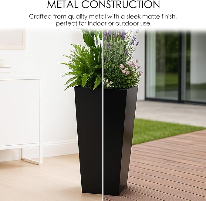 Kozyard 30" Hx15.4 Lx15.4 W Tall Taper Black Metal Planter Flower Plant Pot Indoor Outdoor Planters Steel Flower Pot All-Weather Use with 2 Partition Panels for for Trees, Plants Flowers
