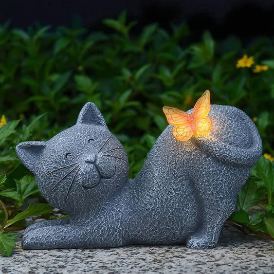 Cute Solar Cat Garden Statue with Lighted Butterfly, Outdoor Waterproof Resin Cat Figurine for Yard Lawn Patio Porch, Solar Powered Garden Decor and Gift for Cats Lovers