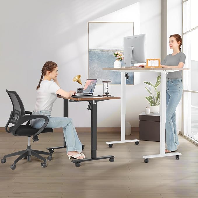 farexon Electric Standing Desk Adjustable Height,63x24 Inches Stand Up Desk, Ergonomically Curved Desktop with Outlet, Lockable Casters,27.''-46'' Lifting Range Home Office Computer Desk（Black