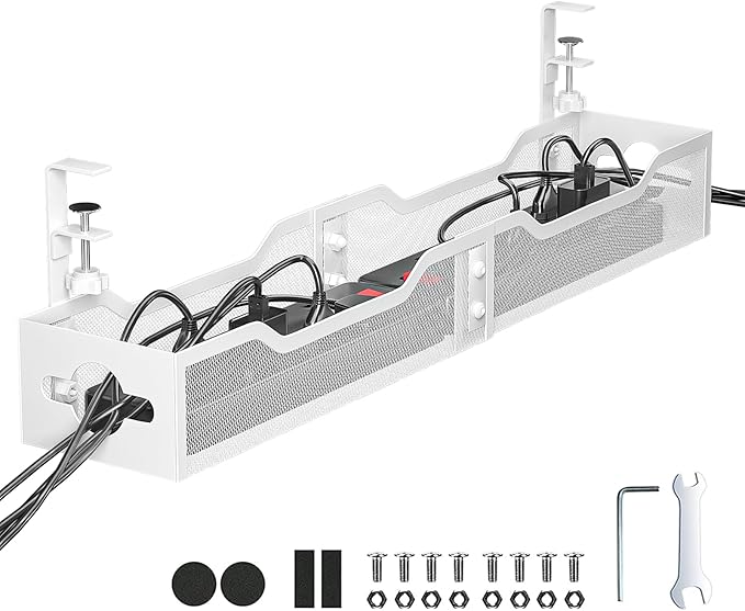 Under Desk Cable Management Tray White, Litwaro Cable Management Under Desk No Drill, 25'' Cable Tray with Clamp for Wire Management, Cord Organizer for Office, Home - No Damage to Table